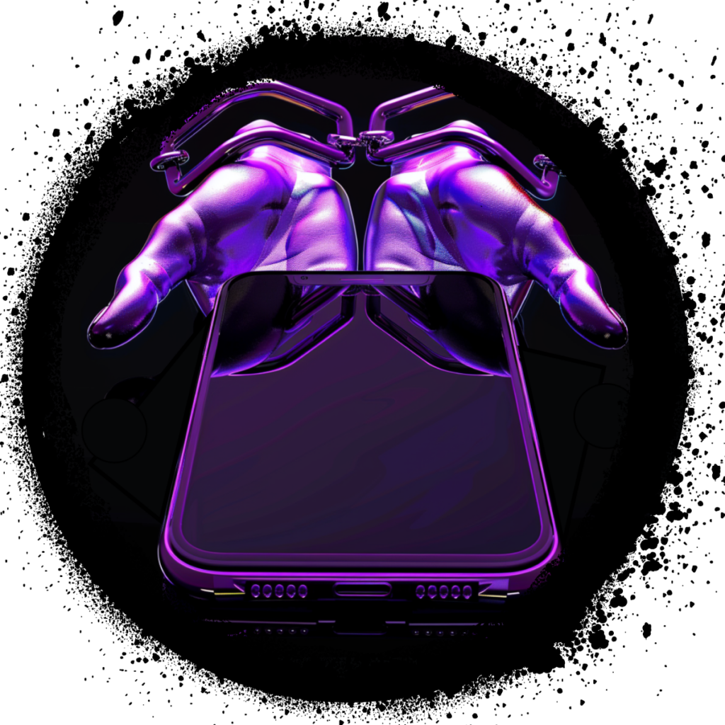 A pair of hands with chains around the wrists holding a mobile phone.